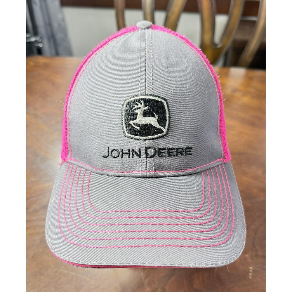 John Deere Hat Cap Snap Back One Size Gray Pink Mesh Trucker Embroidered Mens